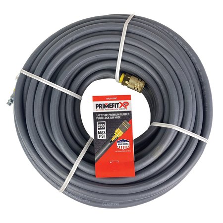 Primefit 1/4in x 100 Foot Premium Rubber Push Lock Air Hose with Coupler and Plug NPL14100C